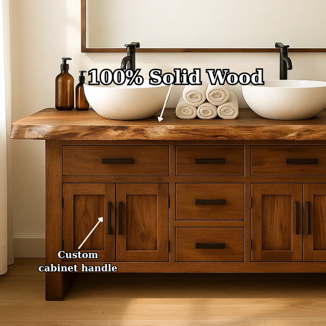 Handcrafted Solid Wood Bathroom Vanity - Live Edge Rustic Cabinet with Doors & Sink