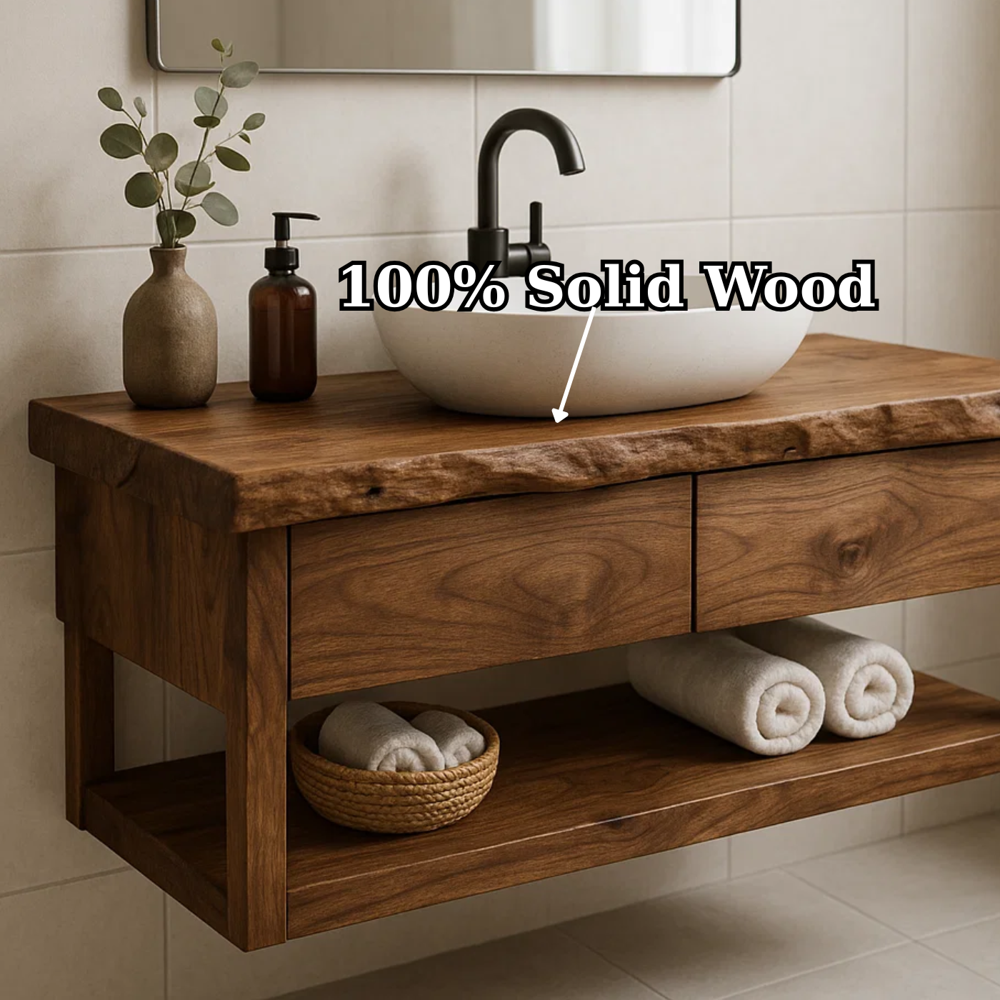 Handcrafted Solid Wood Floating Bathroom Vanity with Live Edge Top - Modern Rustic Washstand