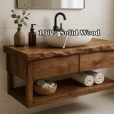 Handcrafted Solid Wood Floating Bathroom Vanity with Live Edge Top - Modern Rustic Washstand