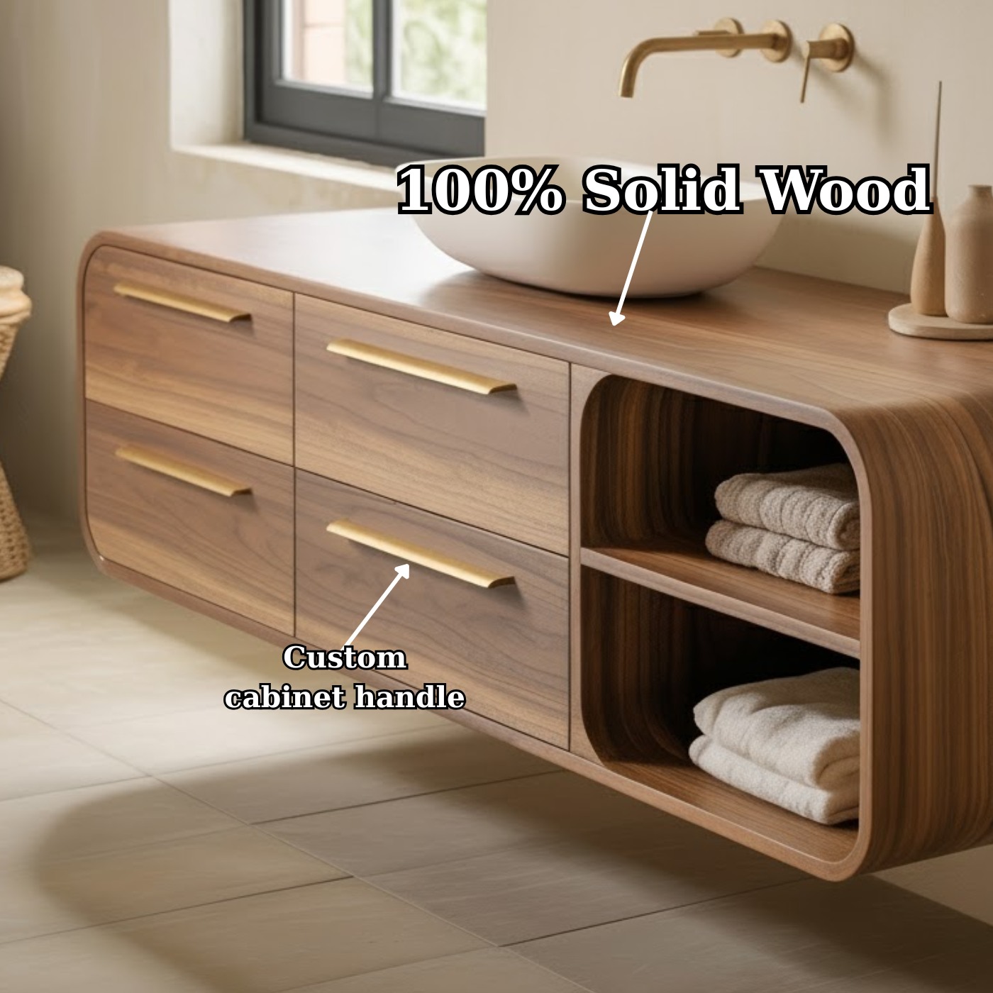 Handcrafted Solid Walnut Floating Vanity: Minimalist Gold Handle Bathroom Storage