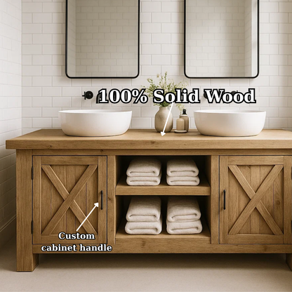 Handcrafted Solid Wood Bathroom Vanity - Farmhouse Double Sink Cabinet - Rustic Oak Storage Furniture