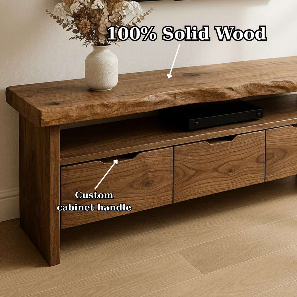 Handcrafted Solid Wood TV Stand with Live Edge Walnut Top and 3 Drawers