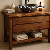 Handcrafted Solid Wood Bathroom Vanity - Live Edge Dark Wood Cabinet & Open Shelf