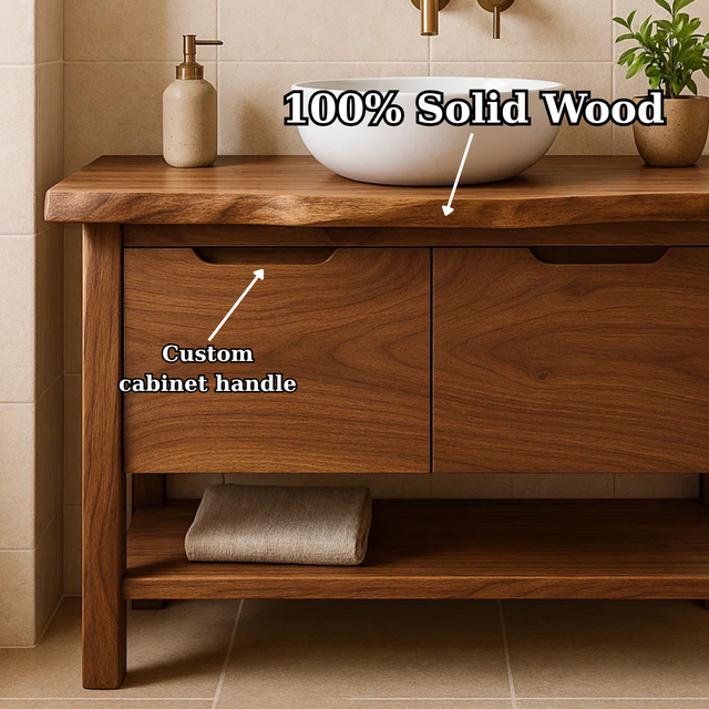 Handcrafted Solid Wood Bathroom Vanity with Live Edge Walnut Top and Open Shelf
