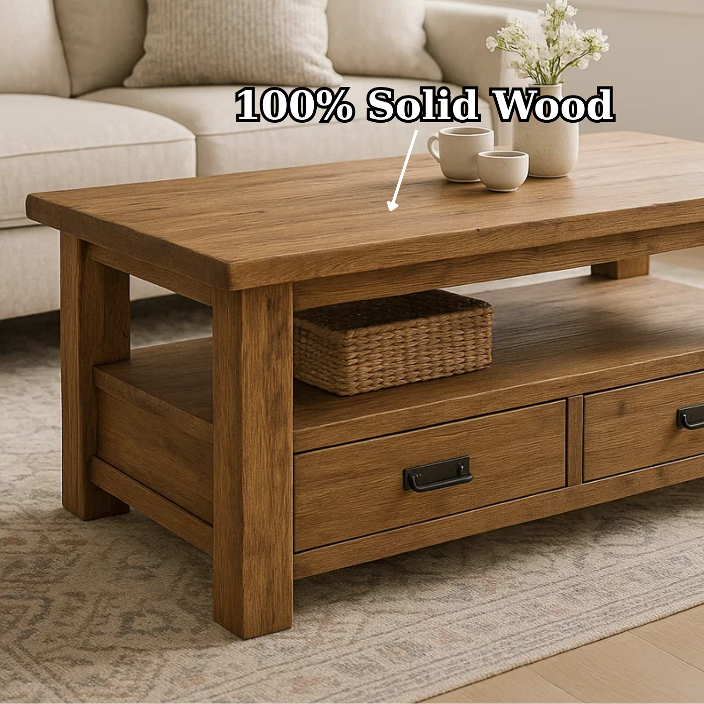 Handcrafted Solid Wood Coffee Table – Rustic Farmhouse Storage with Two Drawers and Shelf
