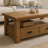 Handcrafted Solid Wood Coffee Table – Rustic Farmhouse Storage with Two Drawers and Shelf