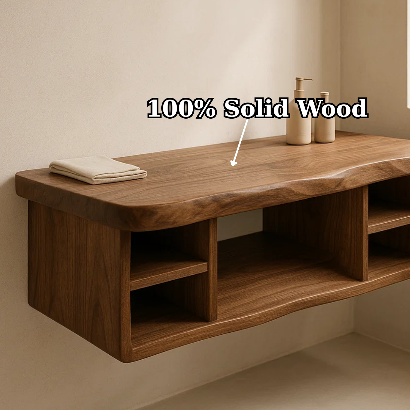 Handcrafted Solid Wood Floating Vanity - All Open Live Edge Console with Display Shelves