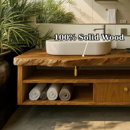 Handcrafted Solid Wood Floating Vanity, Organic Live Edge Bathroom Console with Storage