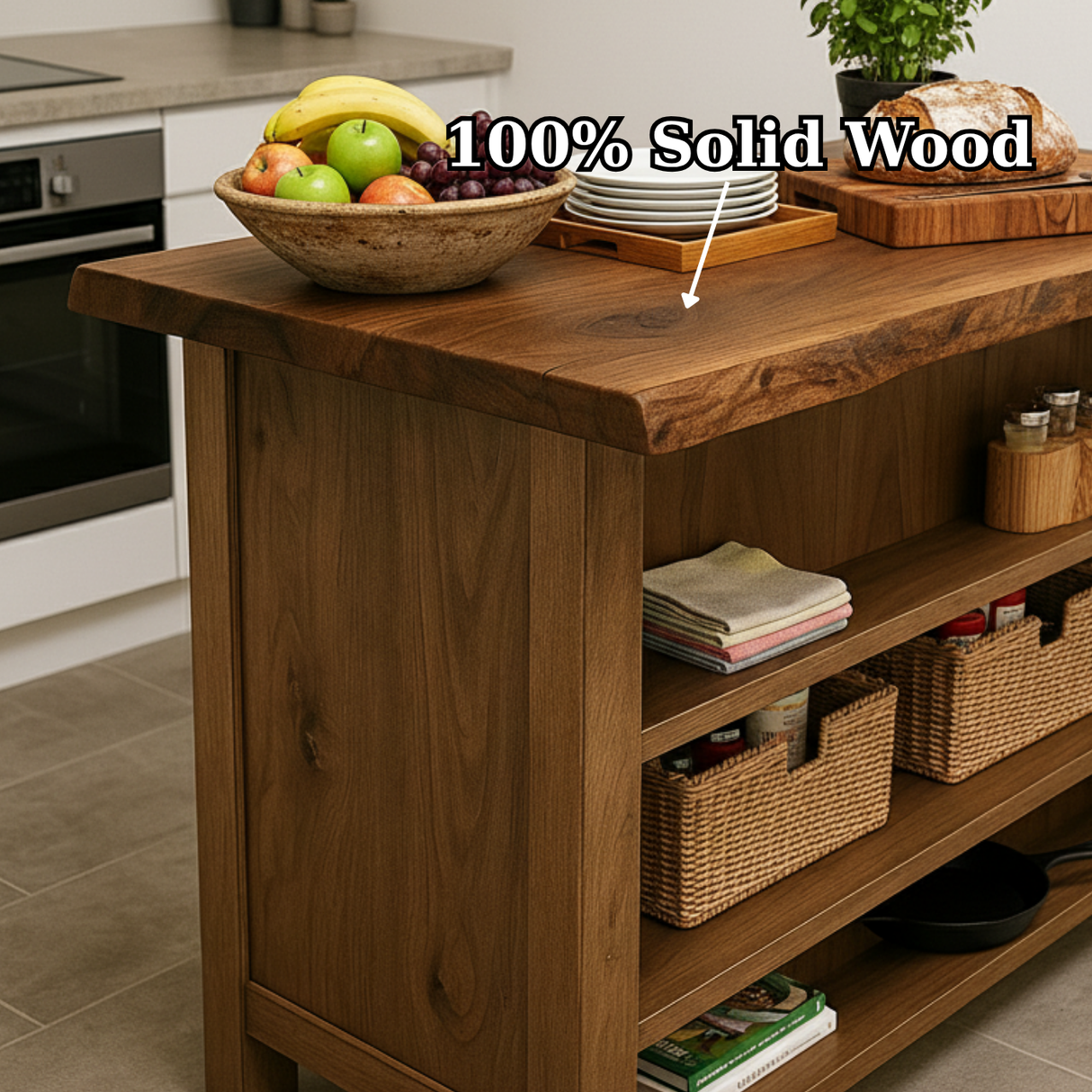 Handcrafted Solid Wood Kitchen Island - Rustic Live Edge & Open Shelves