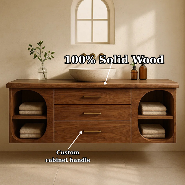 Handcrafted Solid Wood Floating Vanity - Modern Wall-Mounted Cabinet with Arches