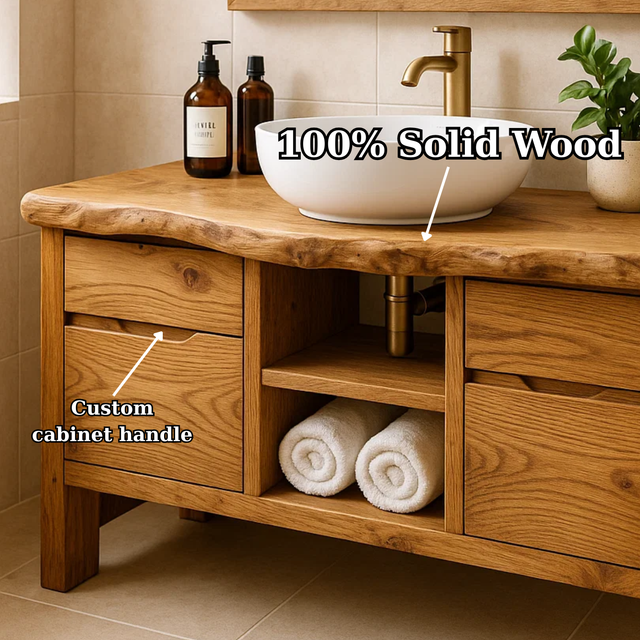 Handcrafted Solid Wood Bathroom Vanity with Live Edge Oak Top and Storage Shelves