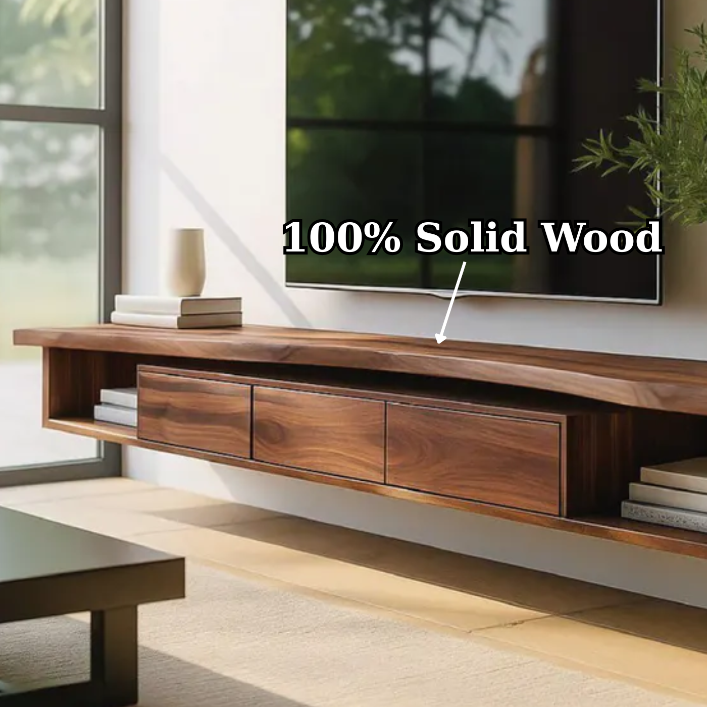 Handcrafted Solid Wood Floating TV Stand, Modern Live Edge Media Cabinet with Drawers