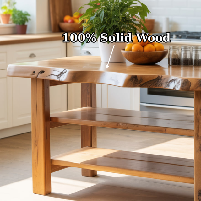 Handcrafted Solid Wood Kitchen Island - Natural Live-Edge Top & Open Shelving