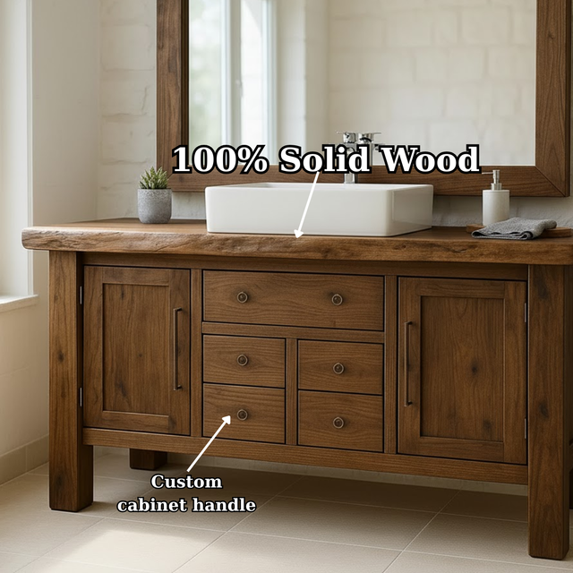 Handcrafted Solid Wood Bathroom Vanity - Live Edge Top, Cabinets, Drawers & Vessel Sink Base