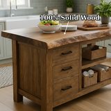 Handcrafted Solid Wood Kitchen Island - Live Edge, Drawers & Open Shelves