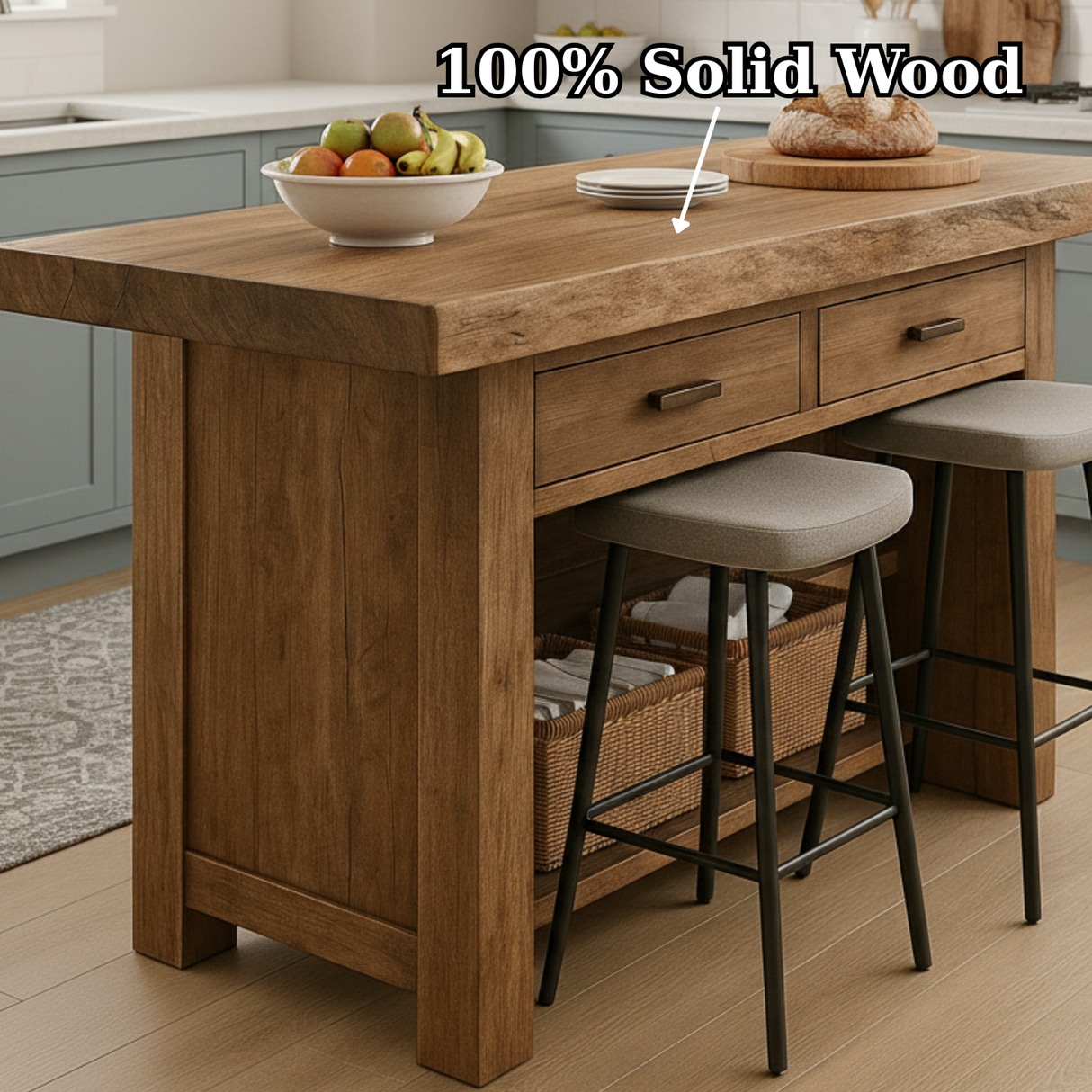 Handcrafted Solid Wood Kitchen Island - Rustic Live-Edge Counter & Storage