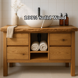 Handcrafted Solid Wood Bathroom Vanity - Live Edge Top with Drawers & Open Shelf Storage