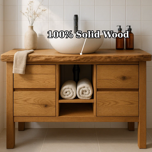 Handcrafted Solid Wood Bathroom Vanity - Live Edge Top with Drawers & Open Shelf Storage