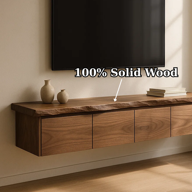 Handcrafted Solid Wood Floating TV Stand with Live Edge Walnut Top