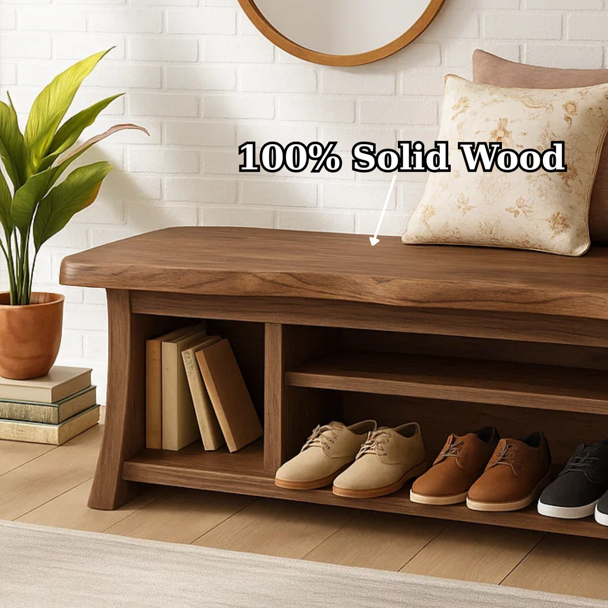 Handcrafted Solid Wood Walnut Bench – Organic Design with Integrated Shelving