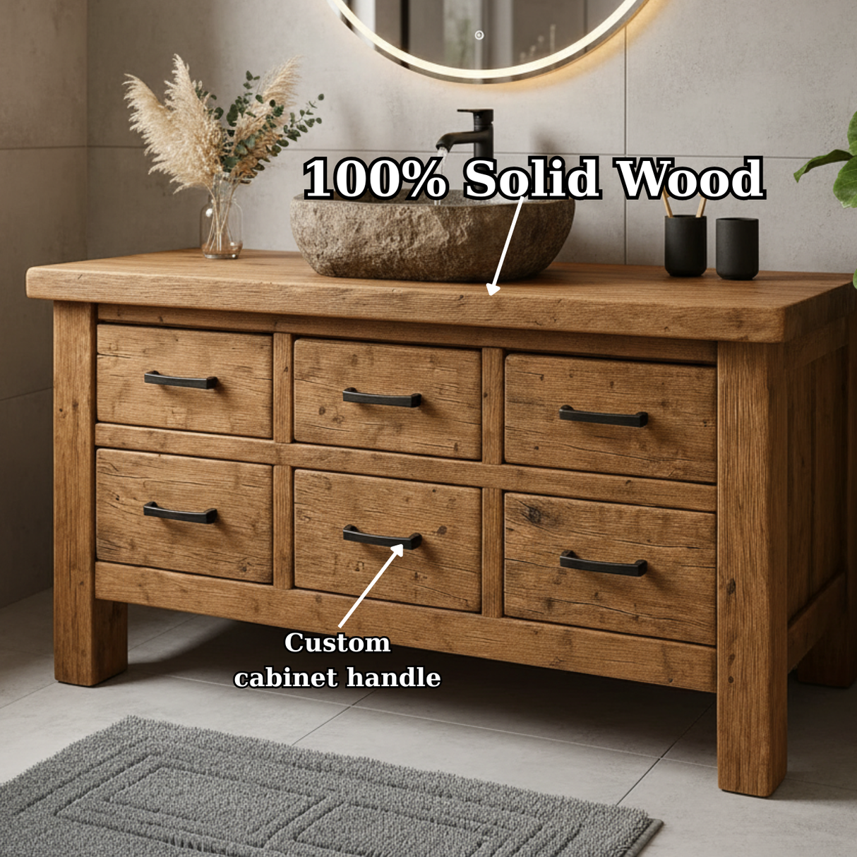 Handcrafted Soild Wood Bathroom Vanity - Farmhouse Storage Cabinet with 6 Drawers