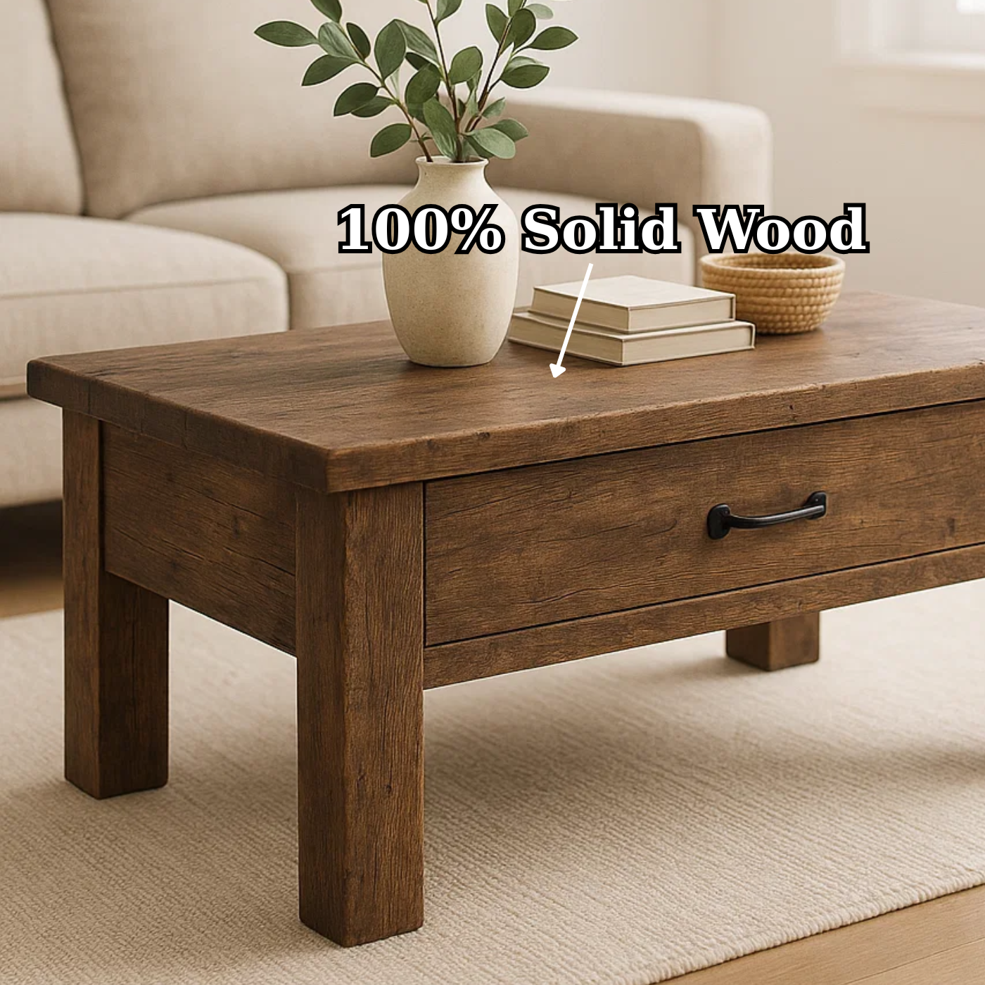 Handcrafted Solid Wood Coffee Table – Rustic Modern Storage with Single Drawer