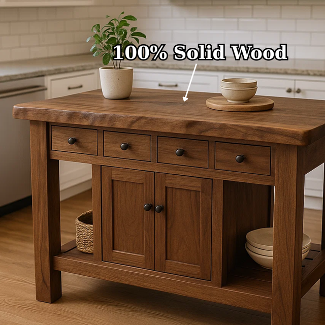Handcrafted Solid Wood Kitchen Island - 4 Drawers & Cabinet Storage