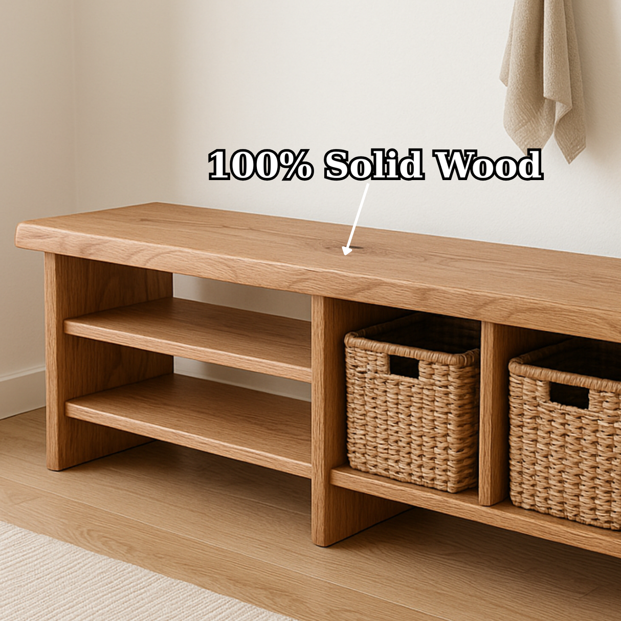 Handcrafted Solid Wood Bench – Minimalist Seating with Open Cubby Organiser