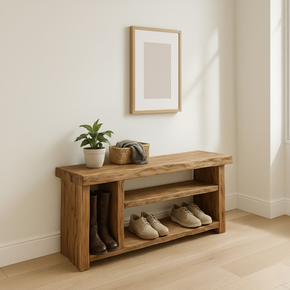 Handcrafted Solid Wood Bench – Natural Rustic Seating and Multi-Tier Storage