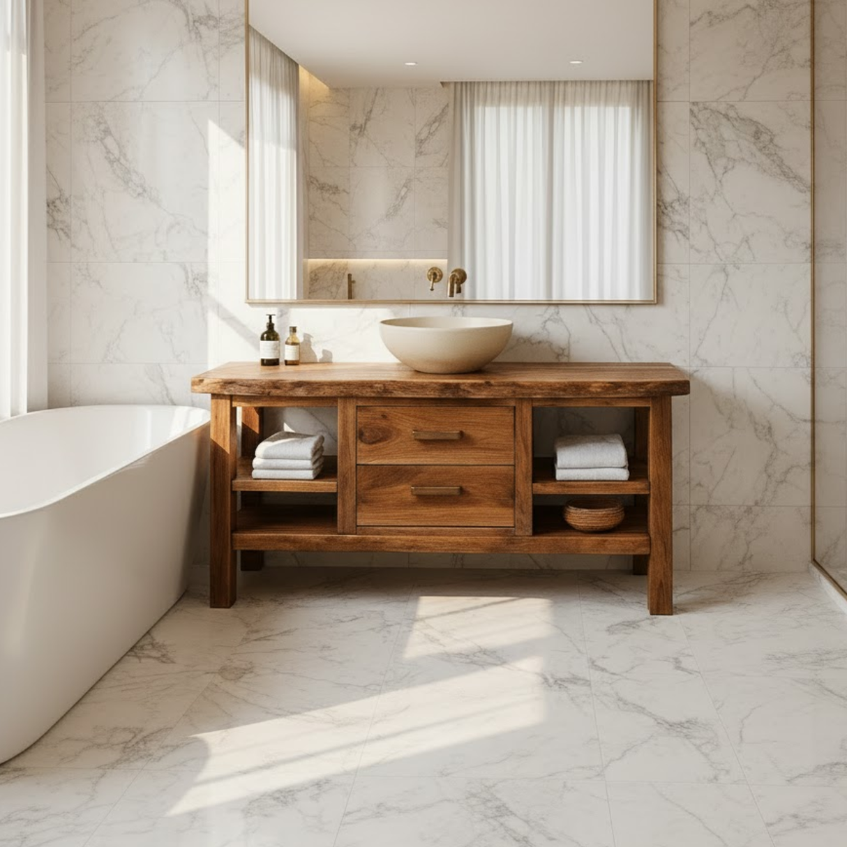 Handcrafted Solid Wood Bathroom Vanity - Live Edge Top, 2 Drawers & Open Frame Shelving