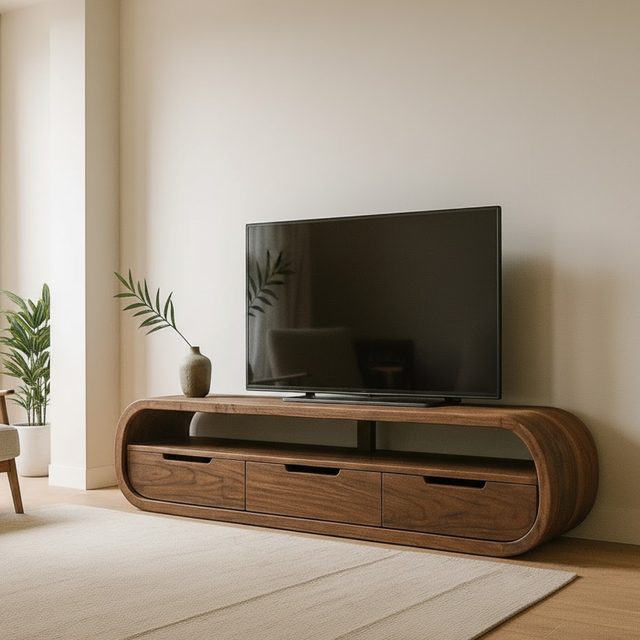 Handcrafted Solid Wood TV Stand - Modern Curved Console, Easy Assembly, 3 Drawers
