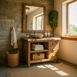 Handcrafted Solid Wood Bathroom Vanity with Live-Edge Top and Spacious Open Storage