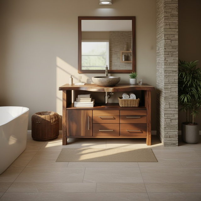 Handcrafted Solid Wood Bathroom Vanity with Live Edge Walnut Top and Storage Cabinet