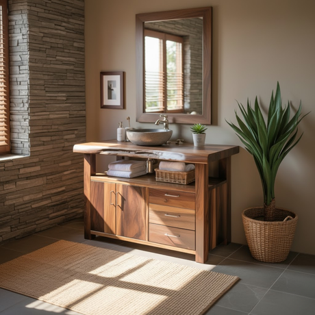 Handcrafted Solid Wood Bathroom Vanity with Live Edge Walnut Top, 3 Drawers and Cabinet