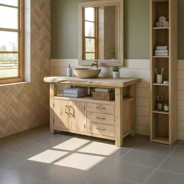 Handcrafted Solid Wood Bathroom Vanity with Live Edge Oak Top, 3 Drawers and Double Cabinet