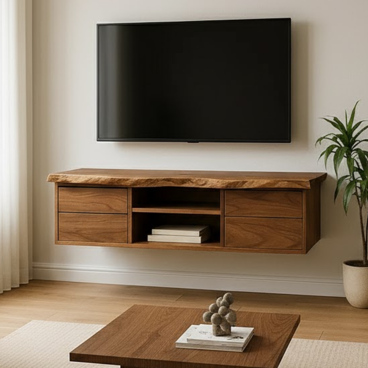 Handcrafted Solid Wood Floating TV - Live Edge Walnut, 4 Drawers & Open Shelf