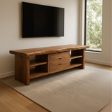 Handcrafted Solid Wood TV Stand - Live Edge Walnut, 3 Drawers & Open Shelves