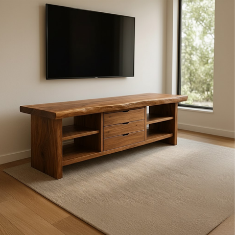 Handcrafted Solid Wood TV Stand - Live Edge Walnut, 3 Drawers & Open Shelves