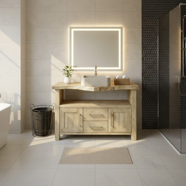 Handcrafted Solid Wood Bathroom Vanity with Live Edge Oak Top, 2 Drawers and Double Cabinets