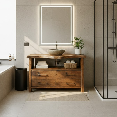 Handcrafted Solid Wood Bathroom Vanity with Live Edge Walnut Top and 4 Storage Drawers