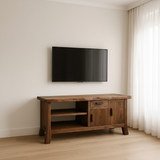 Handcrafted Solid Wood TV Stand - Live Edge Console, Drawer, Cabinet & Open Shelves