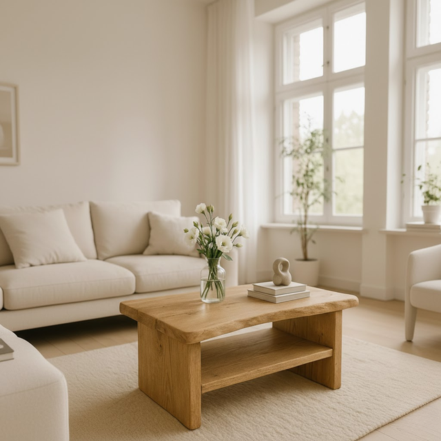Handcrafted Solid Oak Coffee Table - Live Edge, Rustic Modern with Open Shelf