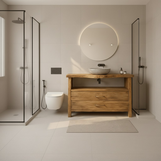 Handcrafted Solid Wood Bathroom Vanity with Live Edge Oak Top and Two Storage Drawers
