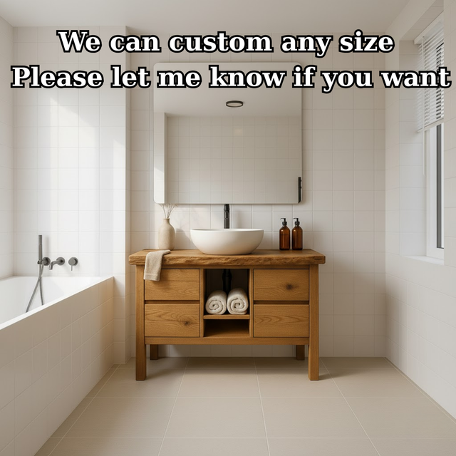 Handcrafted Solid Wood Bathroom Vanity - Live Edge Top with Drawers & Open Shelf Storage