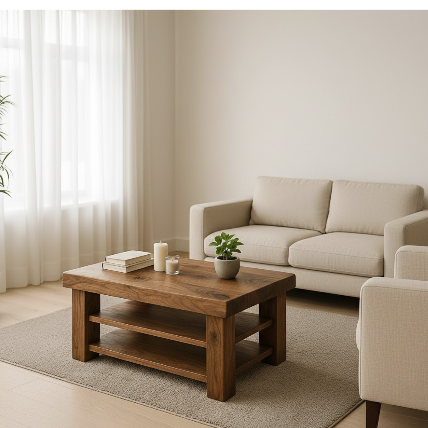 Handcrafted Solid Walnut Coffee Table - Rustic Modern with 2 Open Shelves