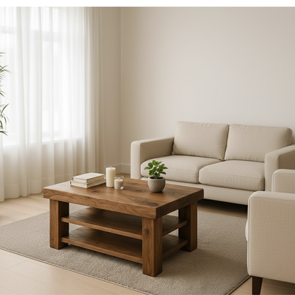 Handcrafted Solid Walnut Coffee Table - Rustic Modern with 2 Open Shelves