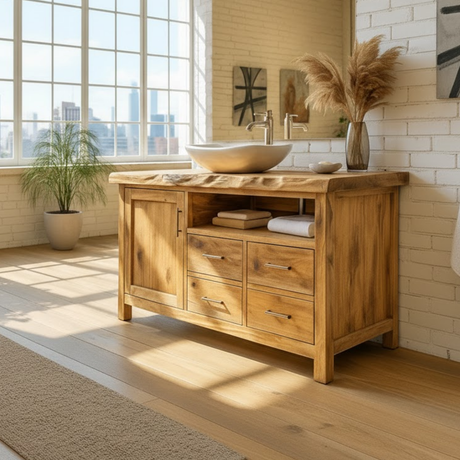Handcrafted Solid Wood Bathroom Vanity with Live Edge Top and Four Storage Drawers