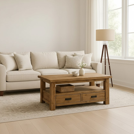 Handcrafted Solid Wood Coffee Table – Rustic Farmhouse Storage with Two Drawers and Shelf