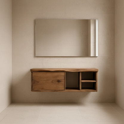 Handcrafted Solid Wood Floating Vanity - Asymmetrical Walnut Console with Hidden & Open Storage