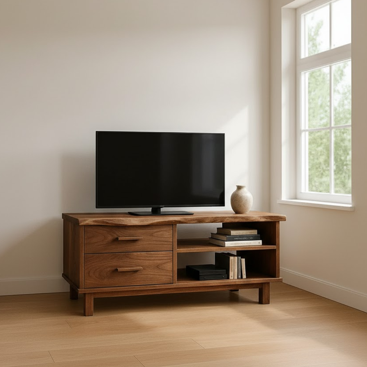 Handcrafted Solid Wood TV Stand with Live Edge Walnut Top and Open Shelves